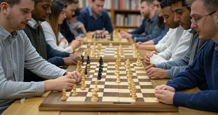 mesa com vários jogadores de xadrez