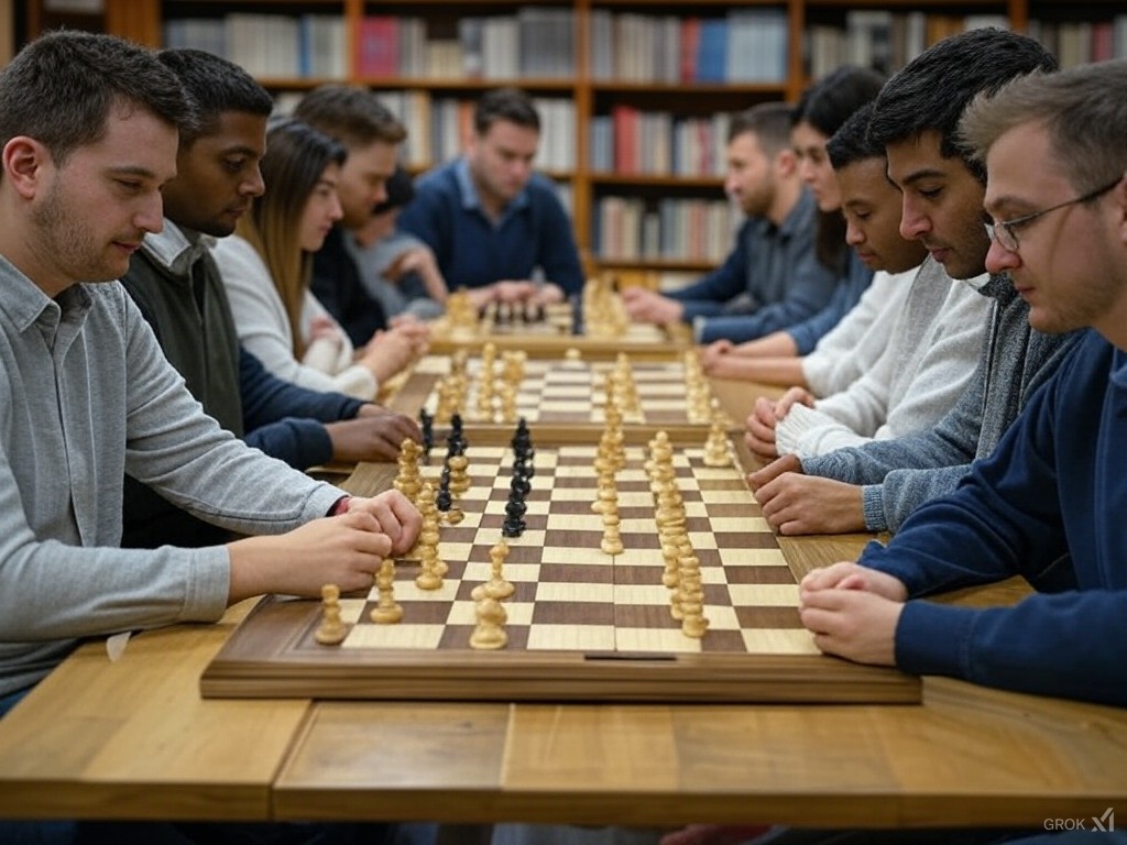 mesa com vários jogadores de xadrez